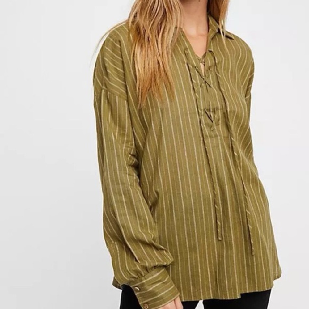 FREE PEOPLE Under the Boardwalk Striped Lace-Up Oversized Top